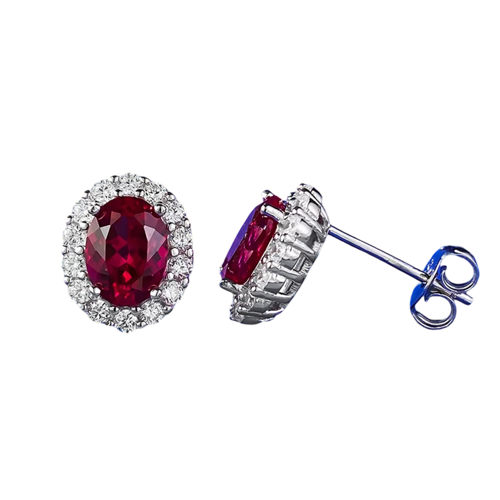 Oval Ruby Halo Stud Earrings – Sterling Silver
