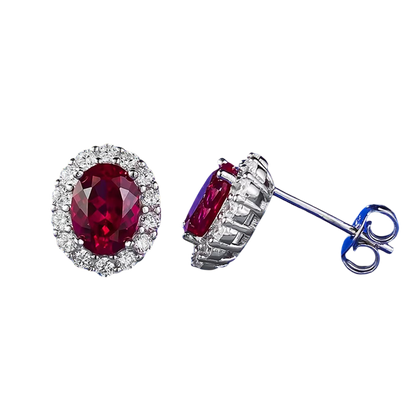Oval Ruby Halo Stud Earrings – Sterling Silver