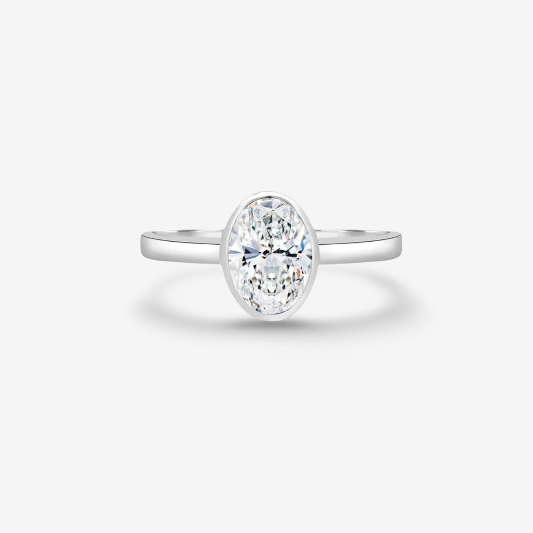 Oval Bezel Set, Engagement Ring, 2 Carats, Sterling Silver
