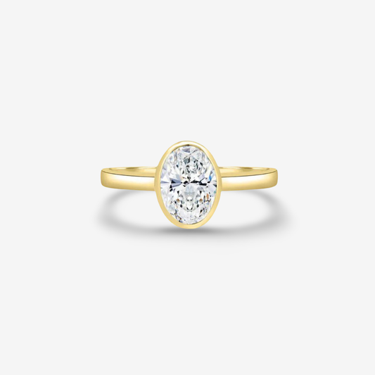 Oval Bezel Set, Engagement Ring, 2 Carats, Yellow Gold