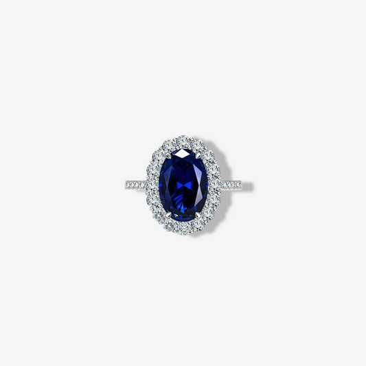 Blue Sapphire Engagement Ring, 3 Carats, Sterling Silver, Cluster Halo