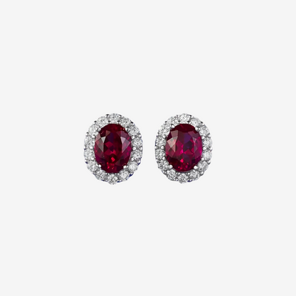 Oval Ruby Halo Stud Earrings – Sterling Silver
