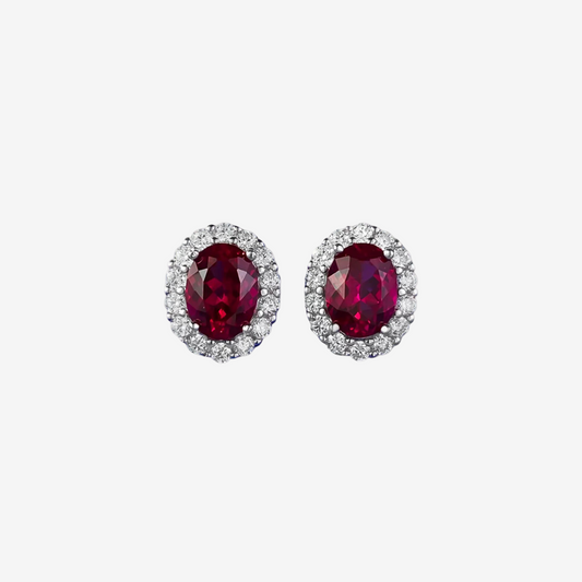 Oval Ruby Halo Stud Earrings – Sterling Silver
