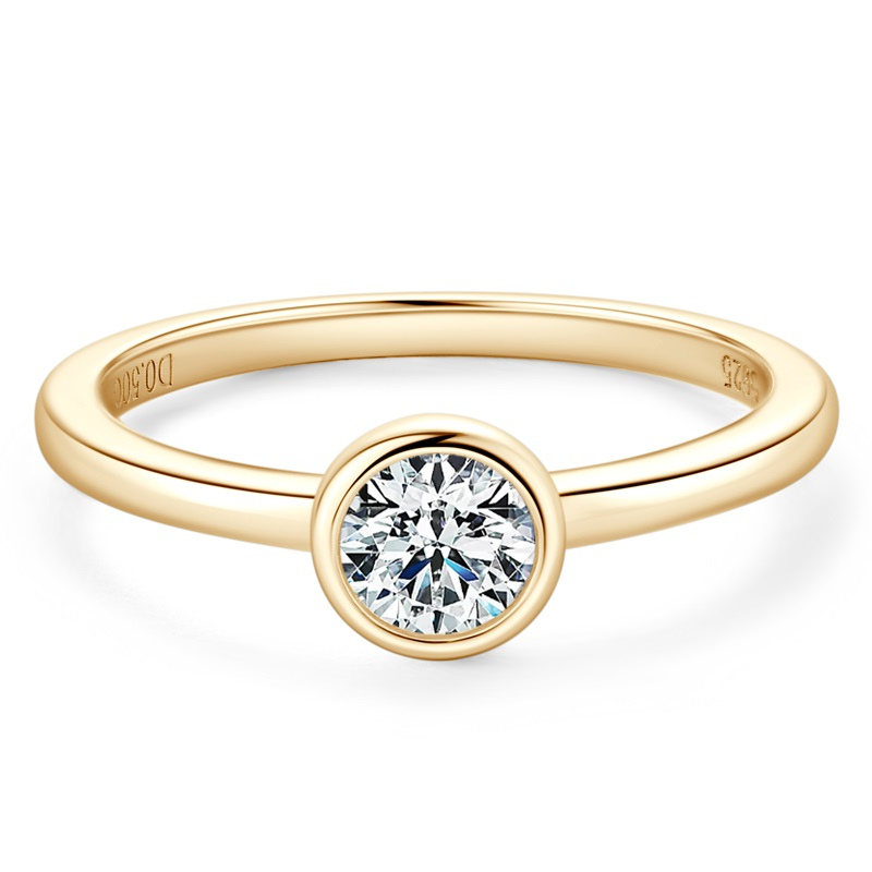 bezel set round cut yellow gold engagement ring, diamond simulant engagement rings by margalit rings