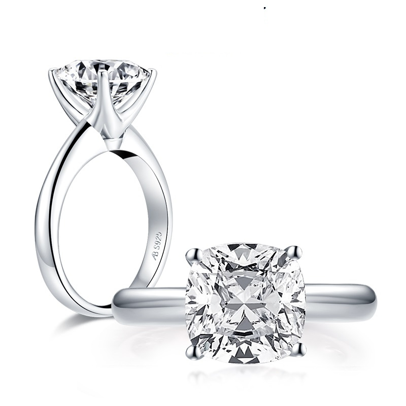 3 carat cushion cut sterling silver engagement ring plain band, diamond simulant engagement ring by margalit rings close up