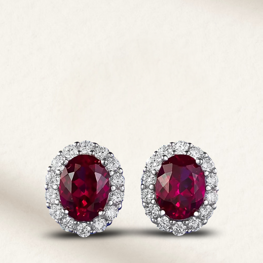 Vintage-style 6x8mm oval cut ruby and sapphire stud earrings in 925 sterling silver with high carbon diamond accents, fine gemstone jewelry.
