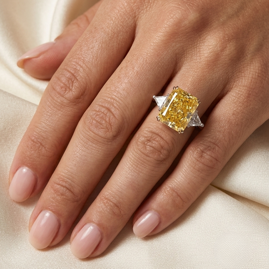 Hand wearing a yellow diamond ring on a beige fabric background