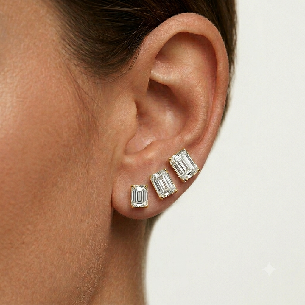 Emerald Cut, Yellow Gold, Wedding Day Studs