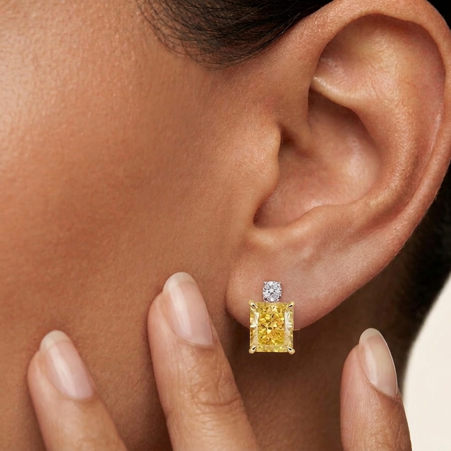 1 Carat, Princess Cut, Fancy Yellow Diamond Earrings, Sterling Silver