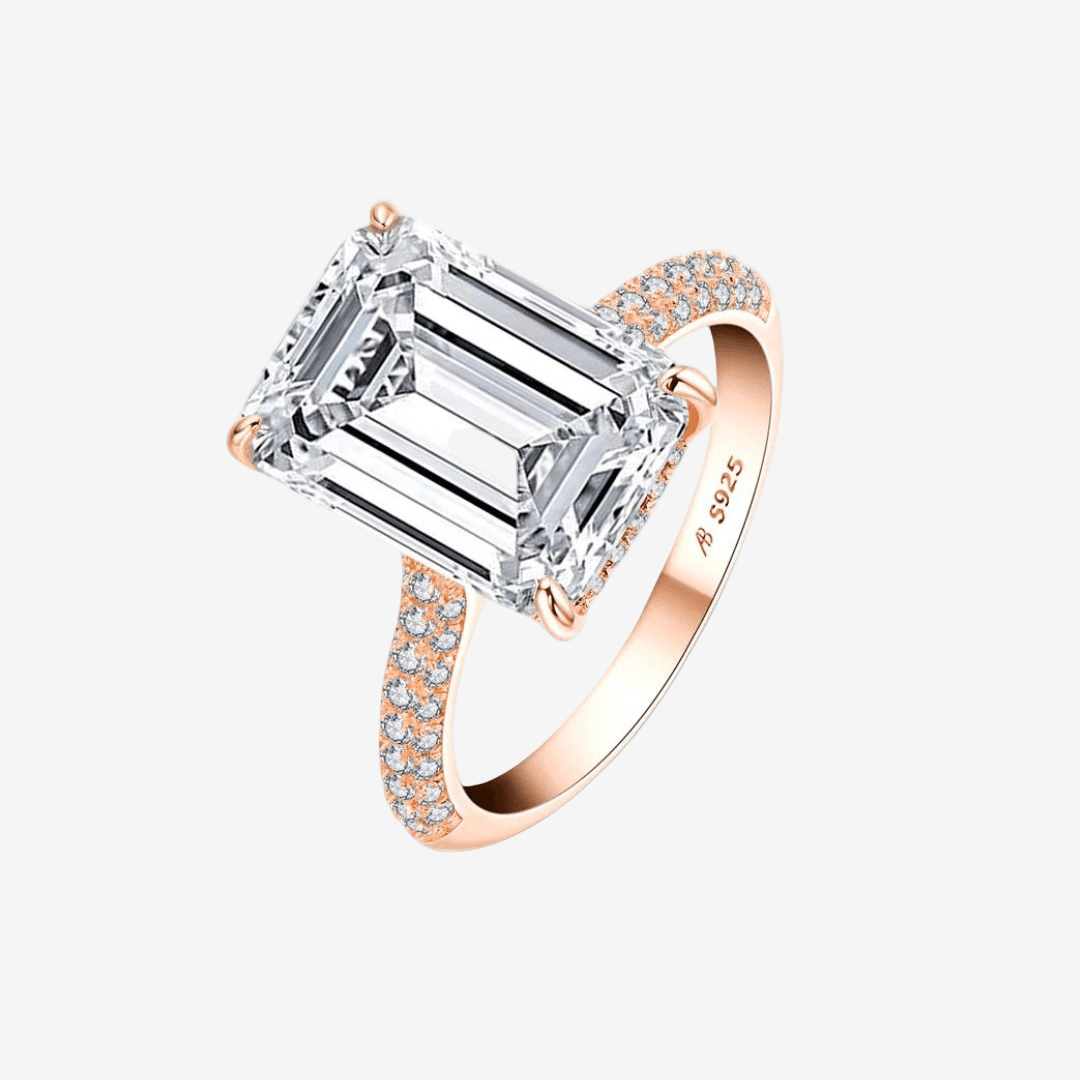 Emerald Cut, Engagement Ring, 6 Carats, Pave Band, Rose Gold - MargalitRings