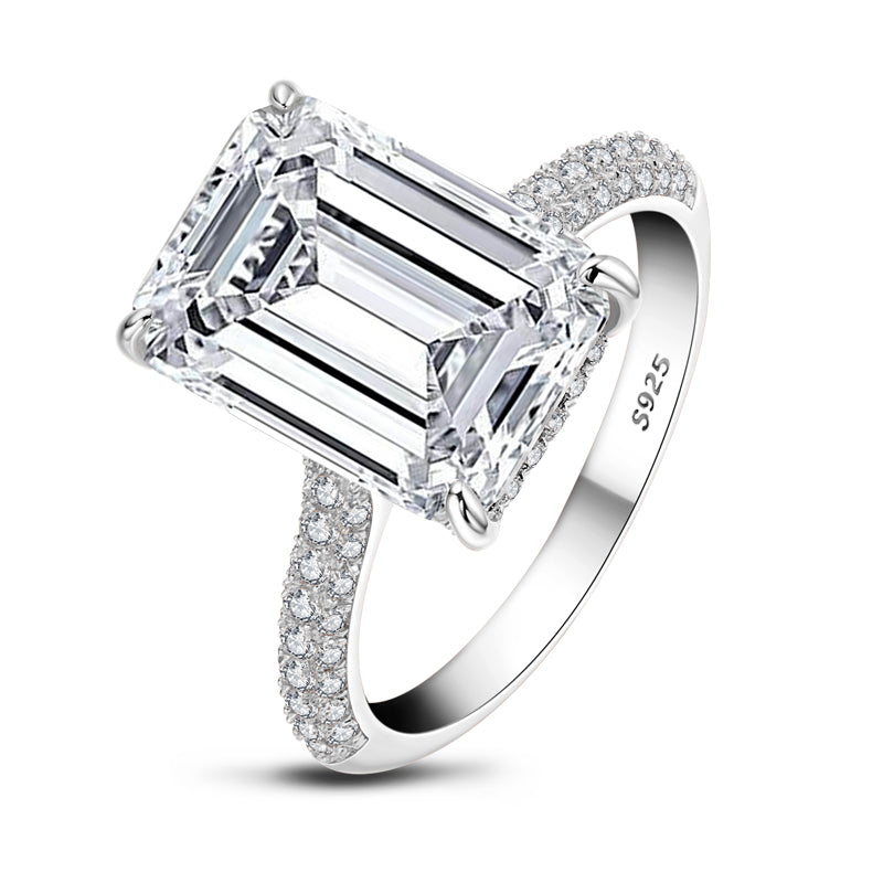6 carat emerald cut engagement ring, pave band, diamond simulant engagement rings by margalit rings sterling silver