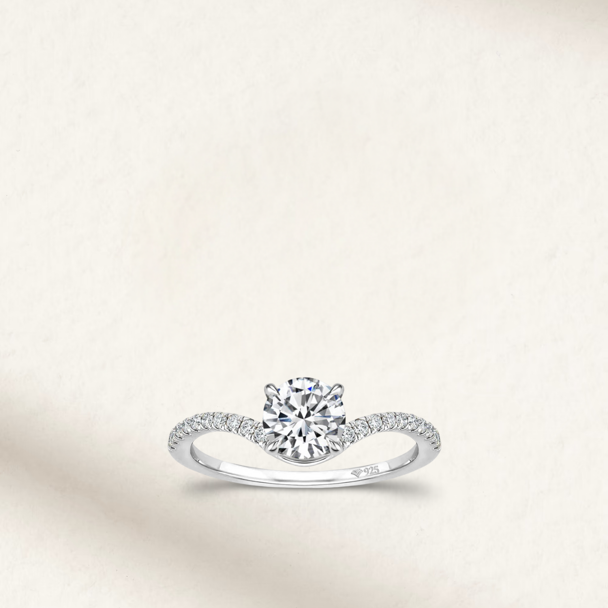 3 Carat round cut solitaire engagement ring with white brilliant stone, prong setting and sterling white gold pave band
