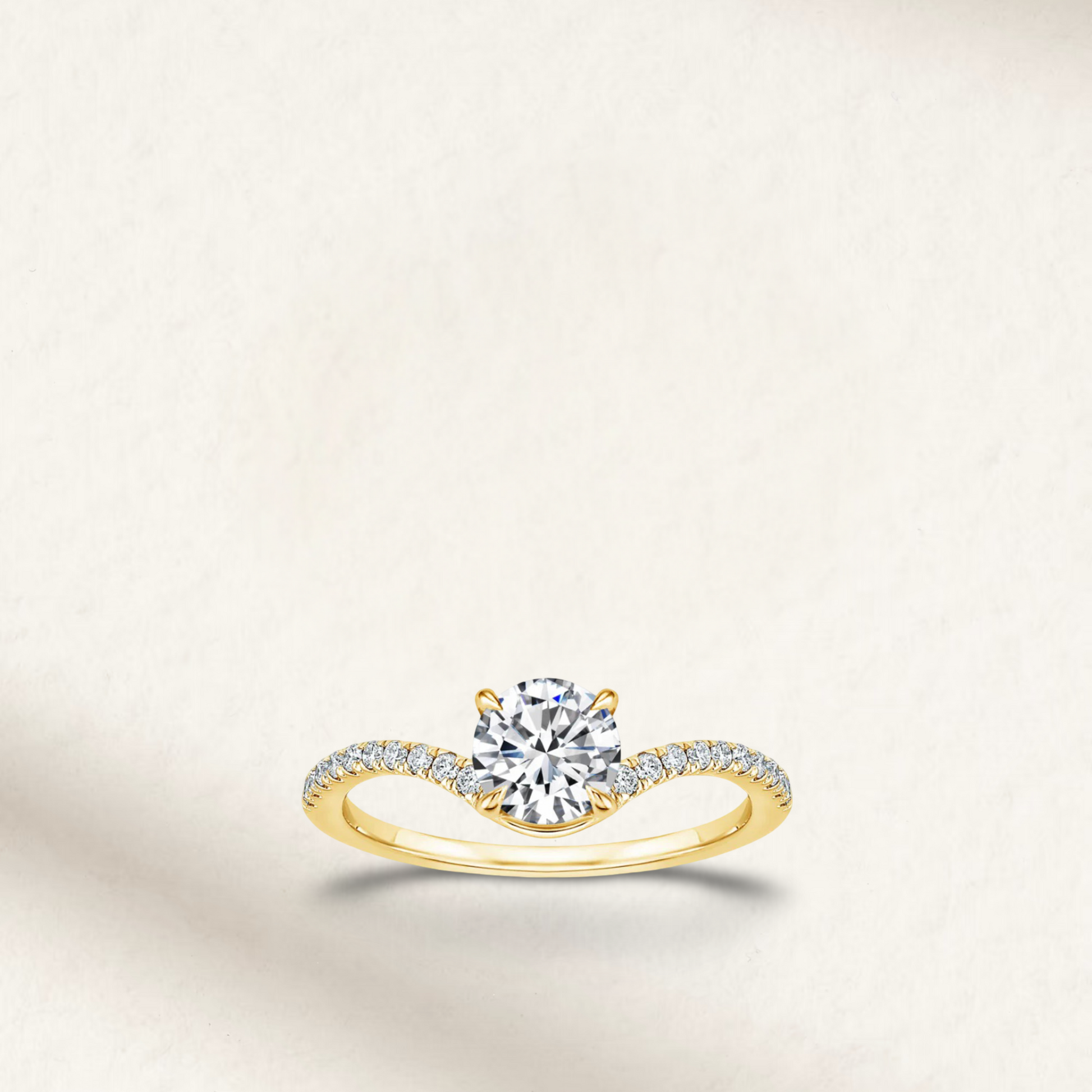 3 Carat round cut solitaire engagement ring with white brilliant stone, prong setting and sterling yellow gold pave band
