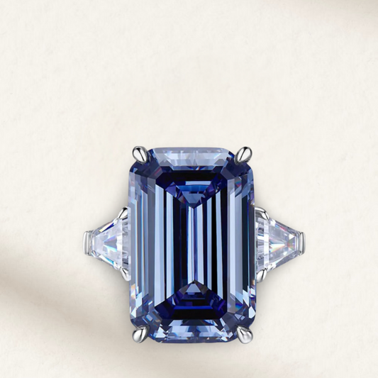 Oppenheimer Blue inspired emerald cut ring, 32 carat royal blue gemstone on sterling silver band