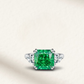 4 carat emerald cut Colombian emerald and diamond ring in sterling silver, emerald green gemstone ring for engagements and special occasions