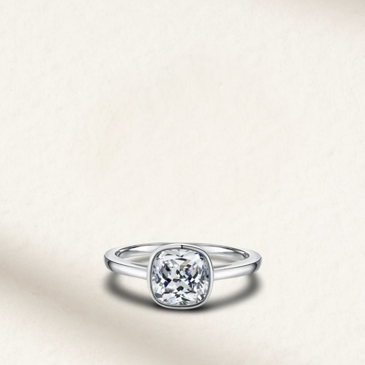 Cushion Cut, Bezel Set, Engagement Ring, 2 Carats, Sterling Silver