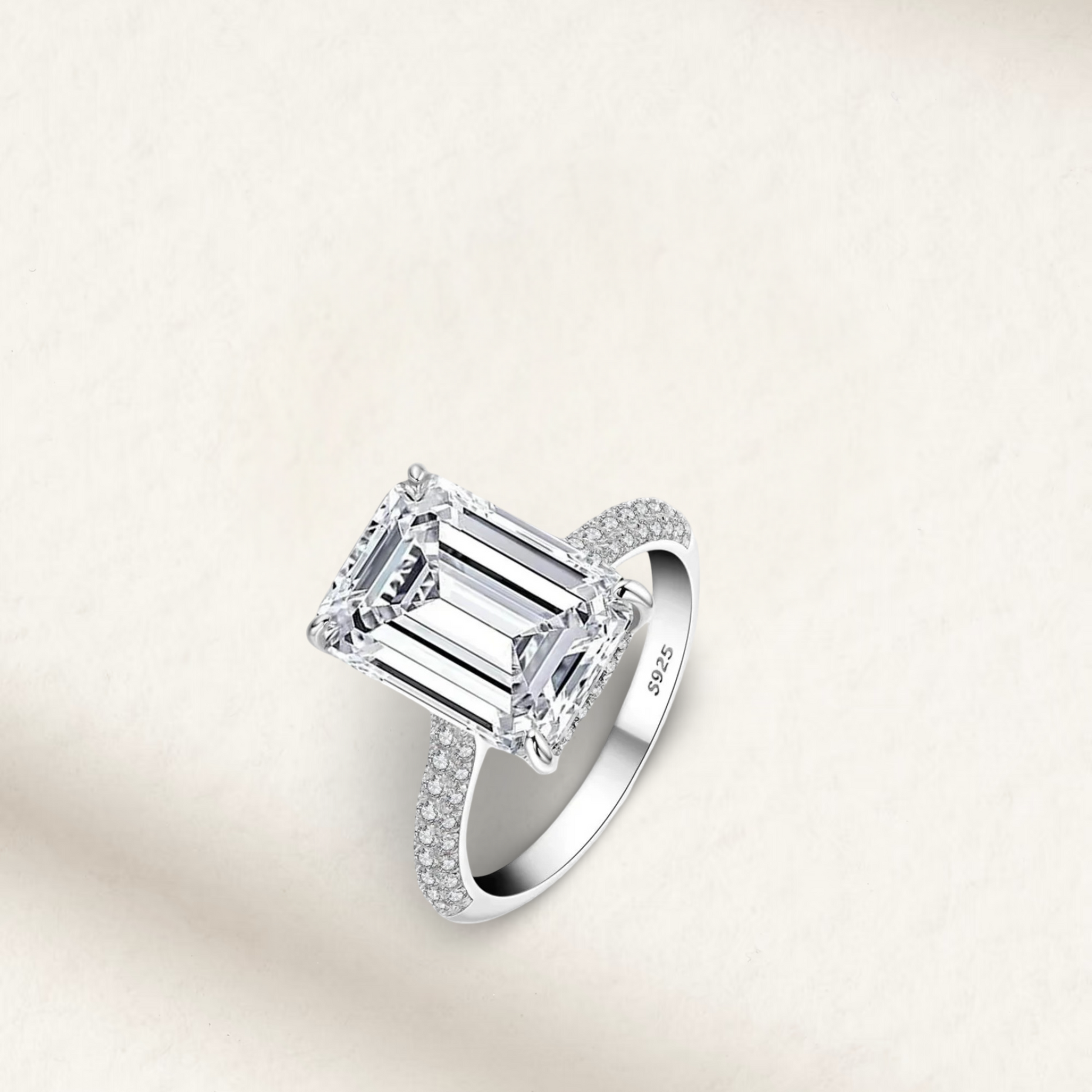 Nada Kumani Emerald Cut Engagement Ring, Pave, Sterling Silver, 6 Carats