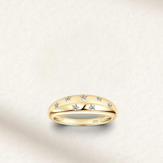 Yellow gold plated sterling silver ring featuring hand-inlaid scattered star design – celestial minimalist jewelry by Margalit Rings.
