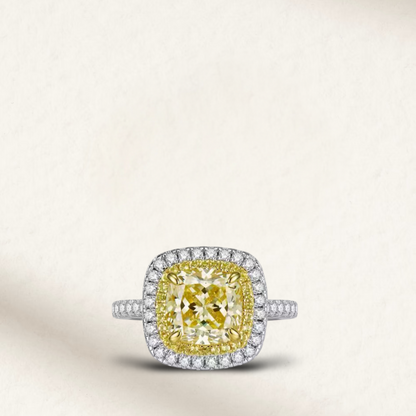 cushion cut fancy yellow diamond ring with diamond halo in sterling silver