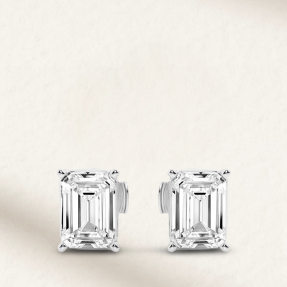 3 carat lab-made emerald cut bridal stud earrings set in sterling silver, timeless and elegant wedding jewelry.