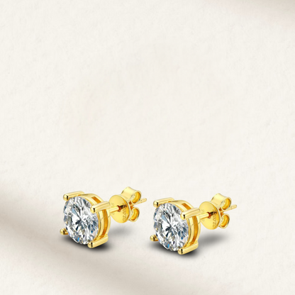 2 carat round bridal stud earrings set in yellow gold, perfect for wedding day elegance and timeless style