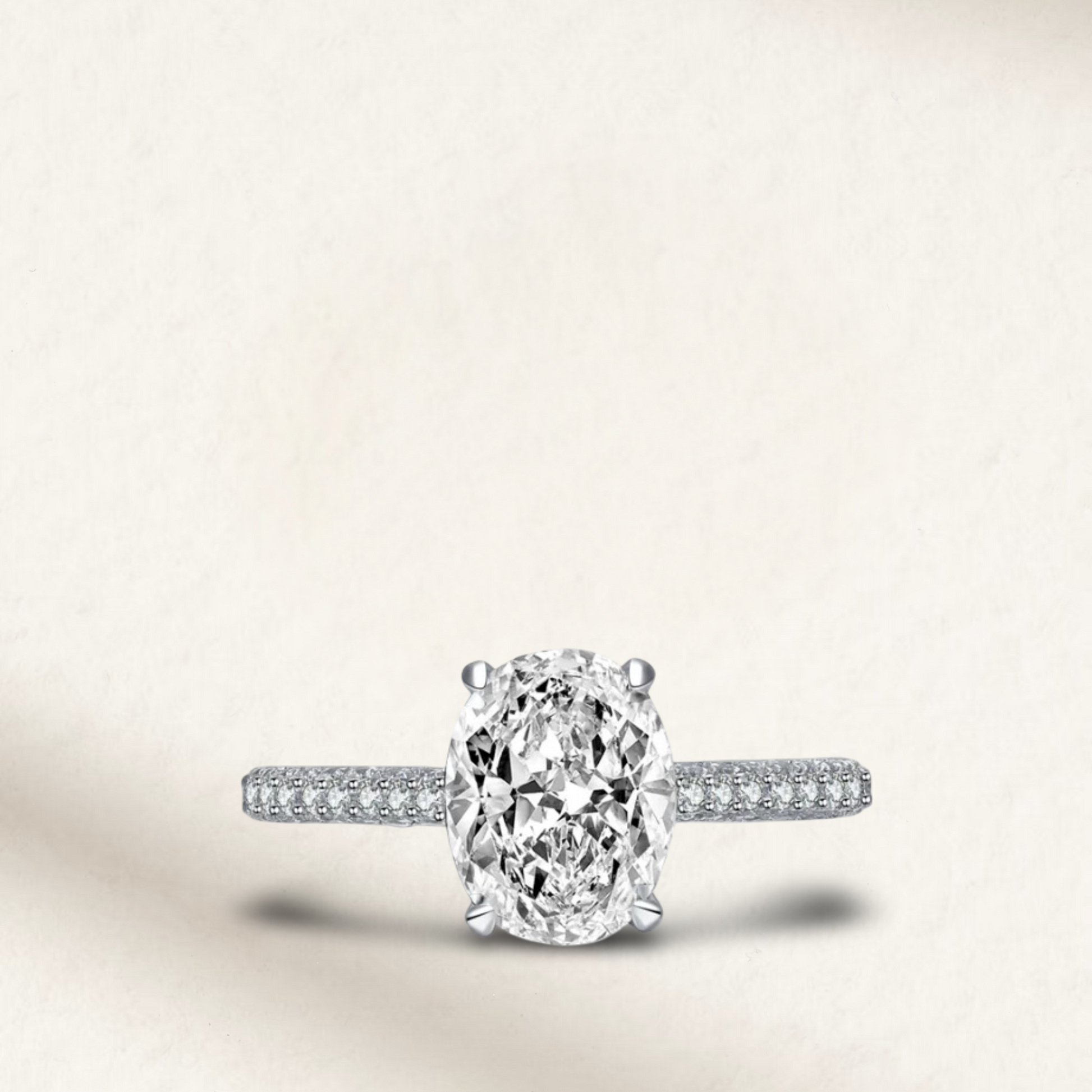2 carat oval cut engagement ring with white brilliant stone, hidden halo, and pavé sterling silver band, perfect for bridal or travel wear.