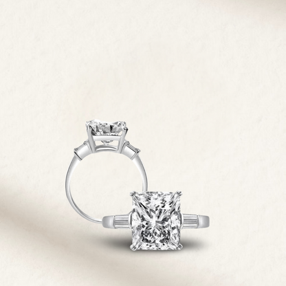 5 carat princess cut engagement ring with white brilliant stone in a three-stone setting, crafted in sterling silver for a timeless bridal look.