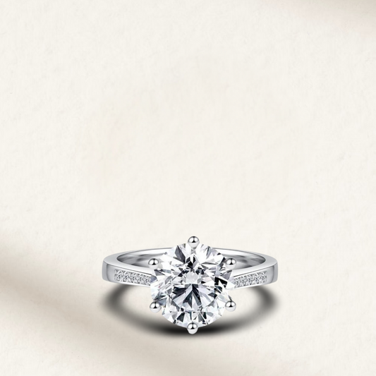 3.5 Carat Round Cut Engagement Ring set in sterling silver, classic solitaire design, brilliant white lab-made stone
