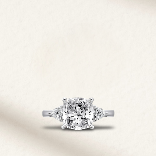 5 Carat cushion cut engagement ring with three-stone setting in sterling silver, brilliant white lab-created gemstone
