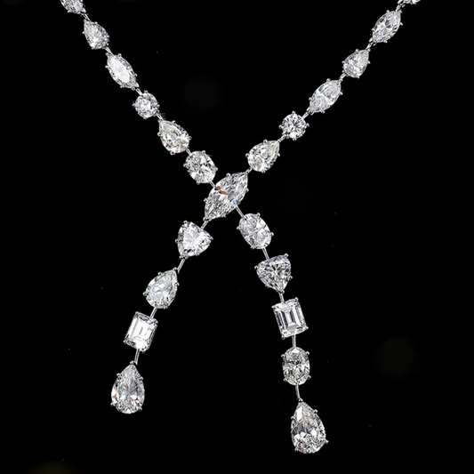 Elegant Red Carpet mixed stone lariat necklace featuring a delicate chain with assorted colorful gemstones arranged in a stylish, draping design
