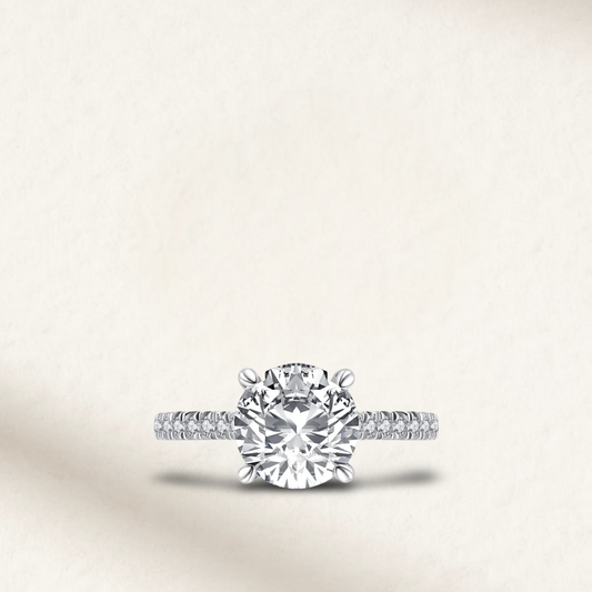 3 Carat round cut engagement ring with brilliant white lab-created gemstone, pavé sterling silver band, also available in rose gold