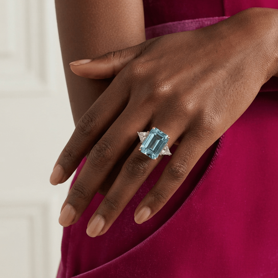 Princess Diana Aquamarine Ring Replica on a hand, 8.48 Carat, Emerald Cut - MargalitRings