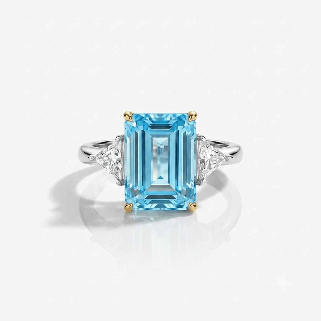 Product shot of Princess Diana Aquamarine Ring Replica  8.48 Carat, Emerald Cut - MargalitRings
