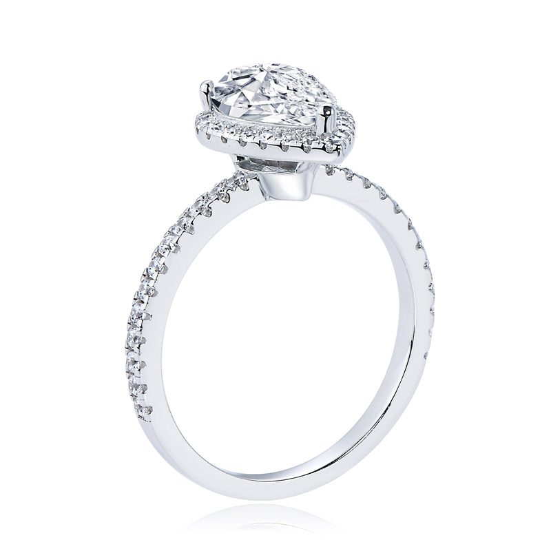 pear shape halo engagement ring micro pave band, diamond simulant engagement ring by margalit rings side view