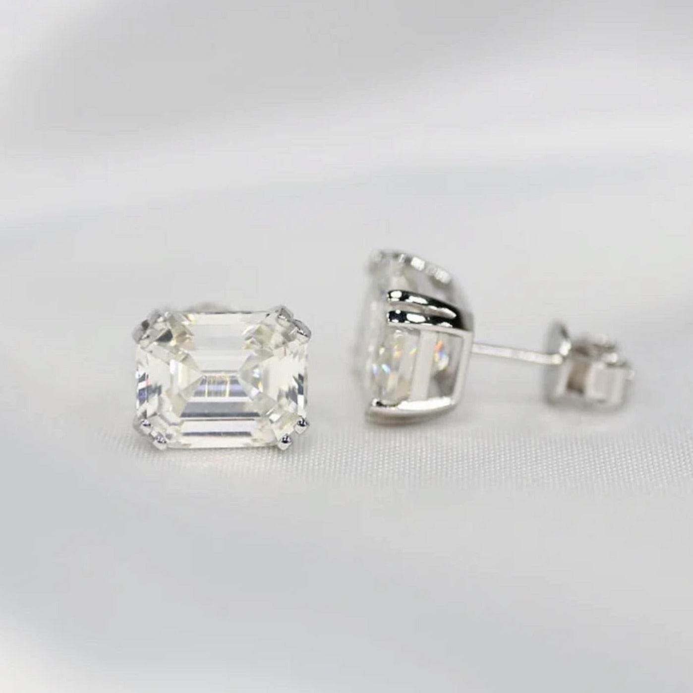 3 Carat Emerald Cut, Sterling Silver, Bridal Studs - MargalitRings