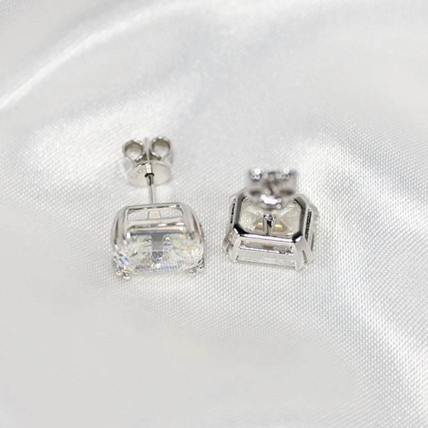 3 Carat Emerald Cut, Sterling Silver, Bridal Studs - MargalitRings
