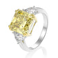 Our timeless 8 Carat Square Fancy Yellow Princess Cut Created Diamond Gemstone Engagement Ring flanked by two trillions on a 100% 925 Sterling Silver band side view Margalit Rings