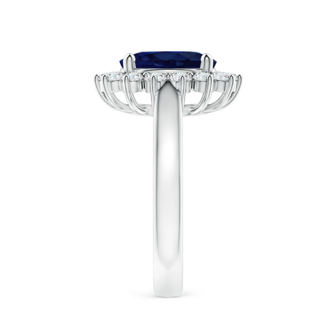 Our iconic Princess Diana and Kate Middleton inspired blue ceylon sapphire and diamond Created Gemstone Cocktail Ring is set on a 100% 925 Sterling Silver band in silver prongs surrounded by 3mm rounds. This royal jewellery replica is elegant and timeless side view Margalit Rings