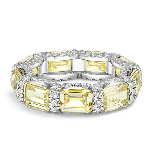 citrine yellow Coloured diamond & Micro Pave Emerald Cut Eternity band by Margalit Rings
