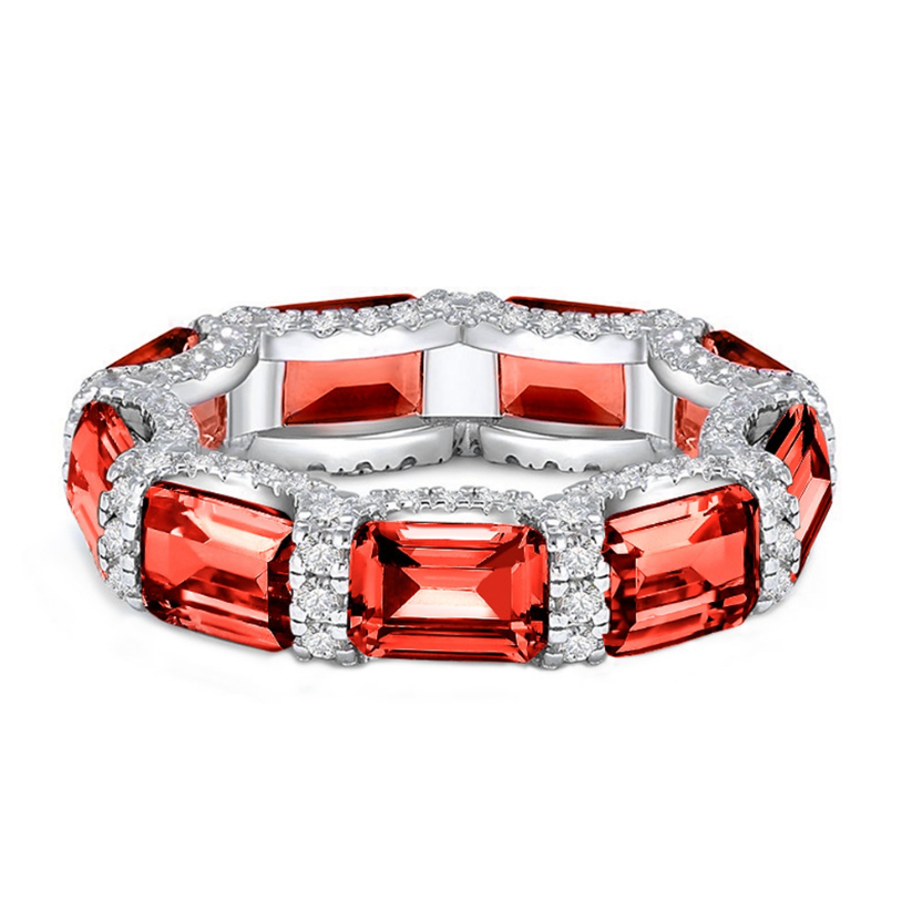 red Coloured diamond & Micro Pave Emerald Cut Eternity band by Margalit Rings