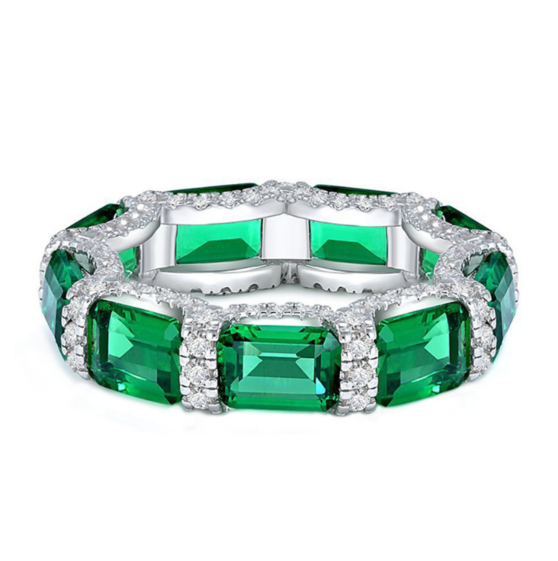 emerald green Coloured diamond & Micro Pave Emerald Cut Eternity band by Margalit Rings