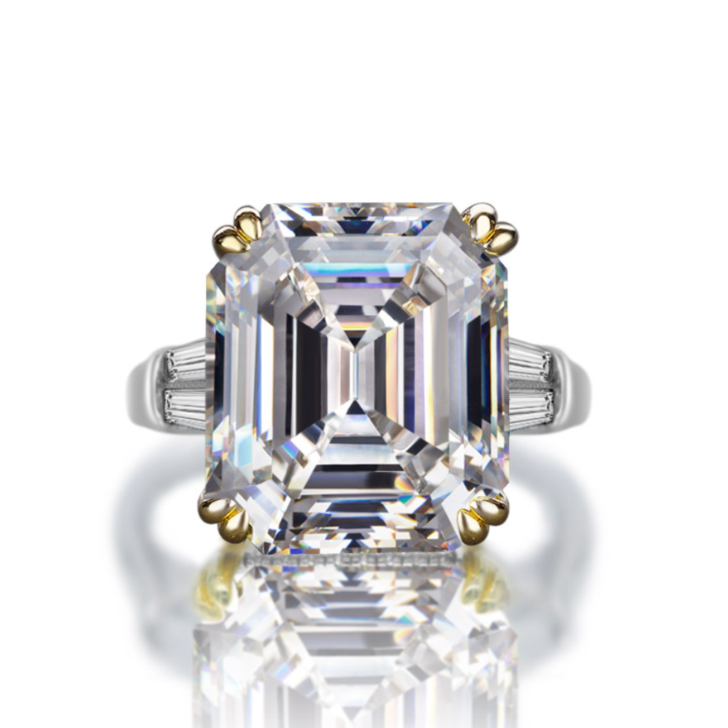 Elizabeth Taylor Engagement Ring Our exceptional 9.52 Carat Asscher Cut Engagement Ring with tapered baguettes and a hidden halo of micro pave under the centre stone makes the perfect promise ring or proposal ring for her by Margalit rings faux engagement rings front view