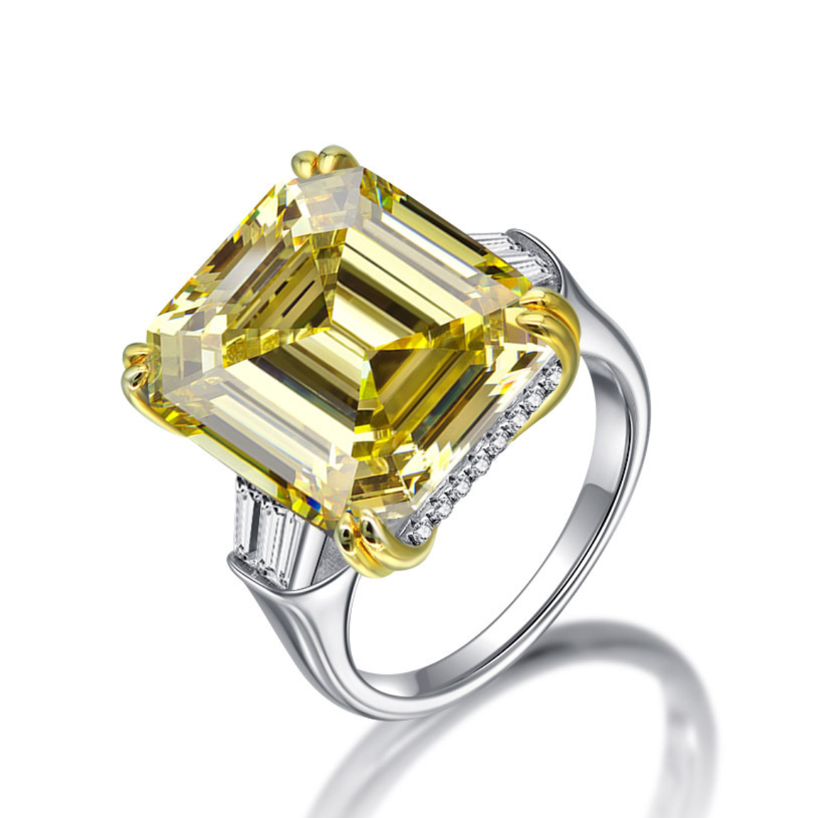 Our exceptional 9.52 Carat Fancy Yellow Asscher Cut Engagement Ring with tapered baguettes and a hidden halo of micro pave under the centre stone makes the perfect promise ring or proposal ring for her by Margalit Rings 