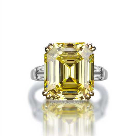 Our exceptional 9.52 Carat Fancy Yellow Asscher Cut Engagement Ring with tapered baguettes and a hidden halo of micro pave under the centre stone makes the perfect promise ring or proposal ring for her by Margalit Rings