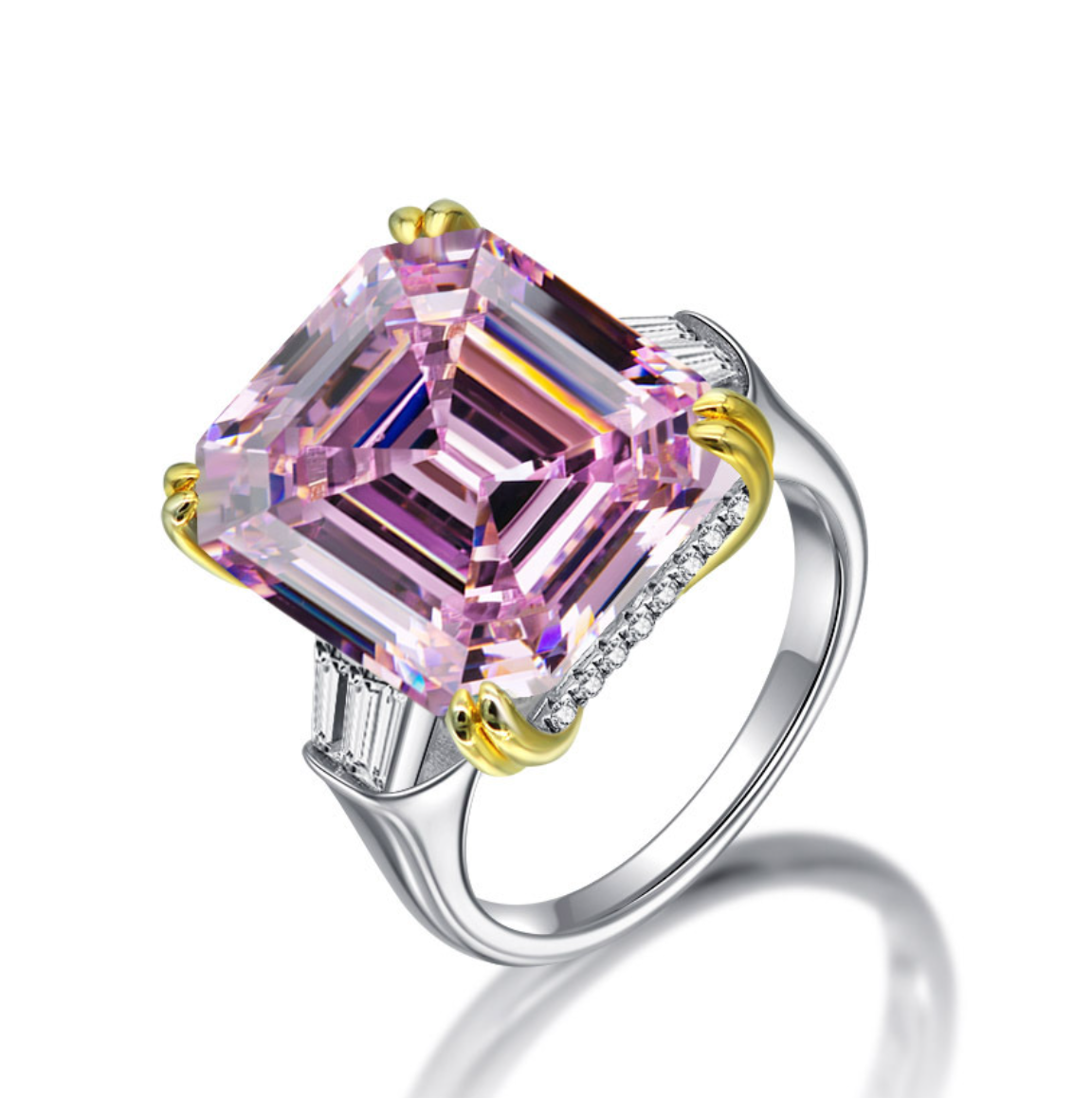 Our exceptional 9.52 Carat Fancy Pink Asscher Cut Engagement Ring with tapered baguettes and a hidden halo of micro pave under the centre stone makes the perfect promise ring or proposal ring for her by Margalit Rings