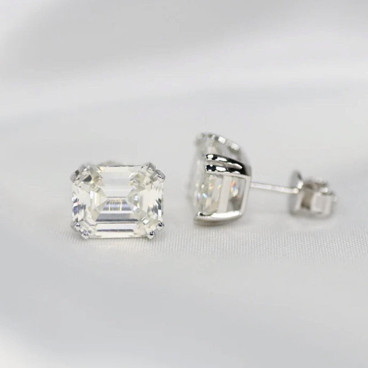 3 carat Emerald Cut Diamond on Sterling Silver Studs, Bridal